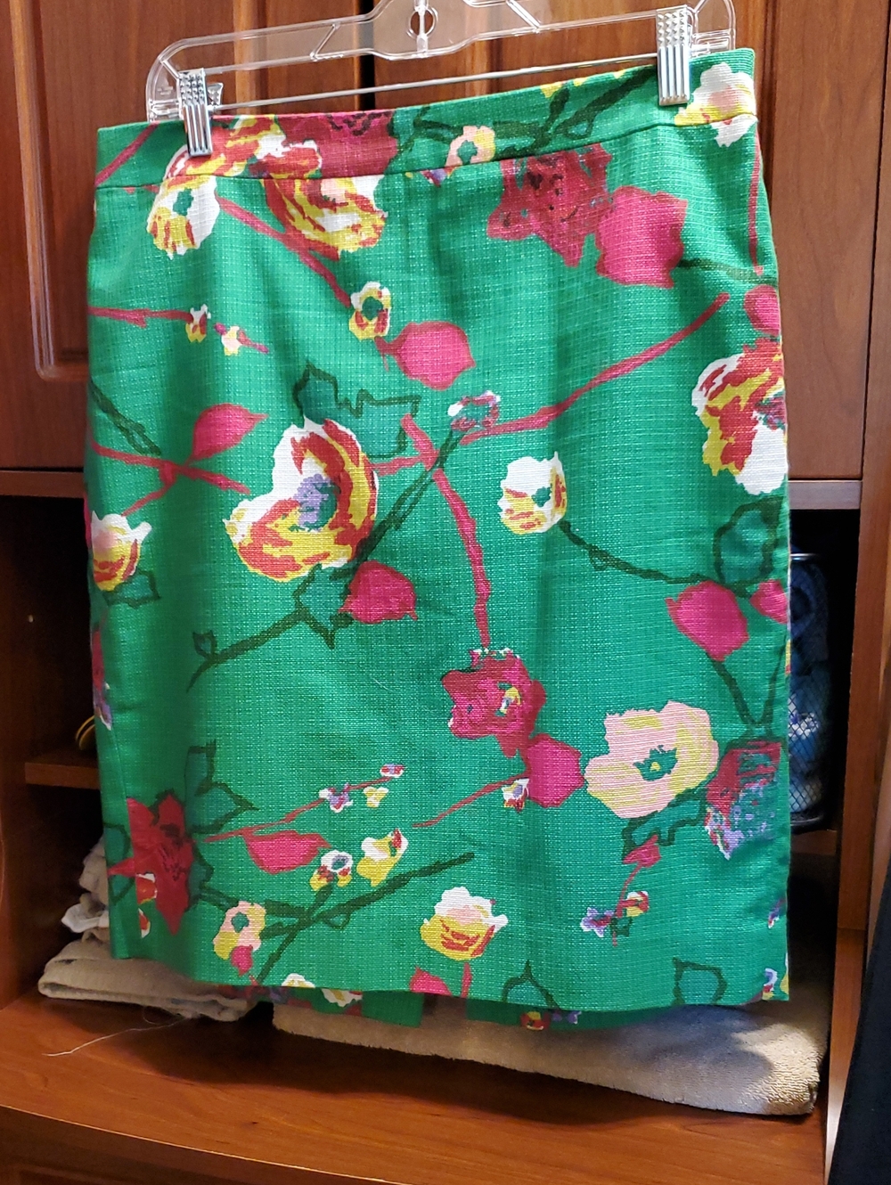 J. Crew Green Floral Pencil Skirt with Pink and Yellow Blooms